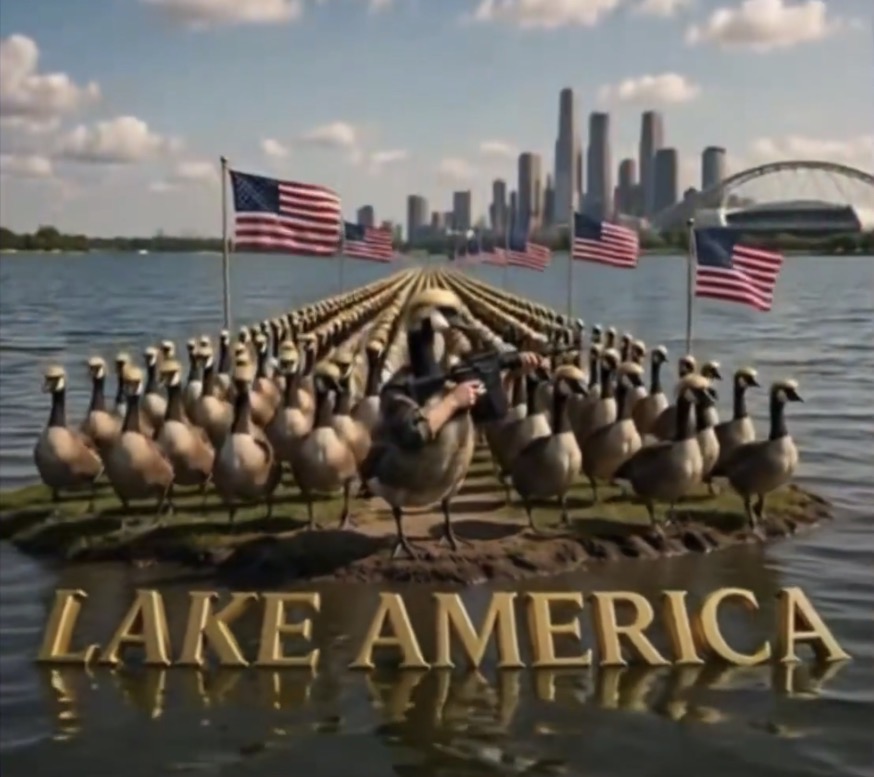 An army of golden-haired geese assembled in formation on a lake island covered in American flags, with LAKE AMERICA in gold letters